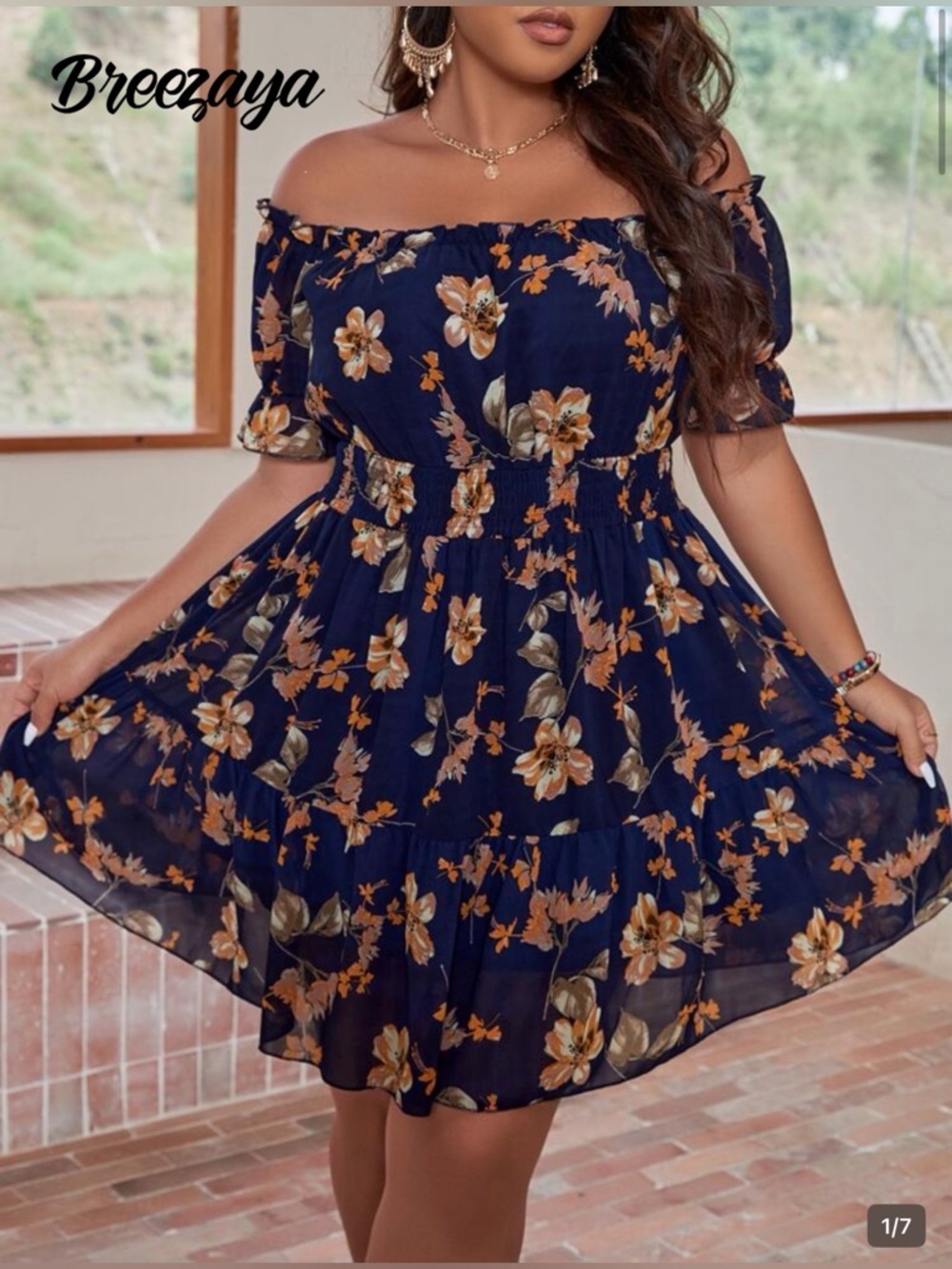 SHEIN Navy Blue Floral Off-Shoulder Dress - Size 0XL